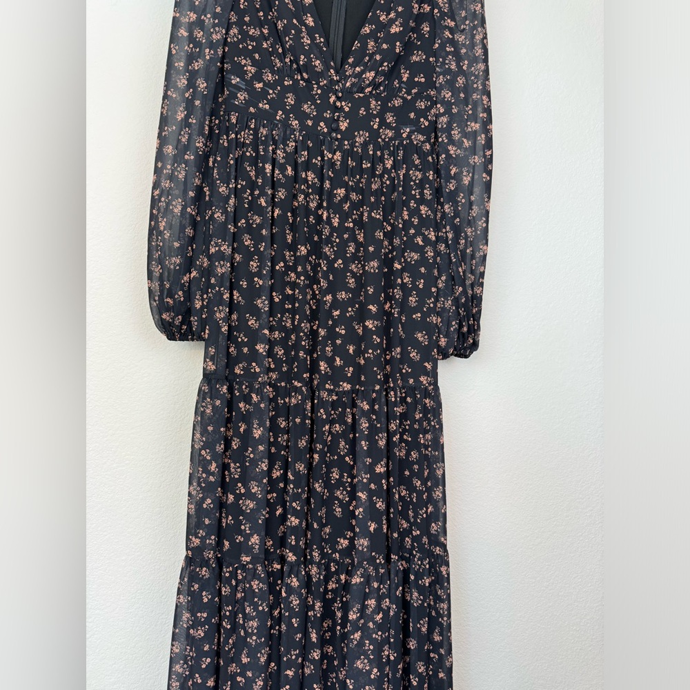 Mac Duggal Black Floral Long Sleeve Chiffon A-Line Gown Sz 2 NEW - Picture 5 of 14